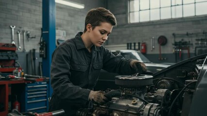 Female mechanic repairing a car engine in garage. - Powered by Adobe
