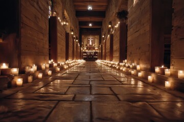 Obraz premium Candlelit Stone Hallway Leading to Altar, Representing Faith and Spiritual Journey for Religious Observance and Memorial Services, With Warm, Serene Atmosphere : Generative AI