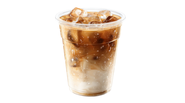 Iced Latte in Disposable Cup: Refreshing iced latte in a clear plastic cup, filled with ice cubes. Perfect for summer days or any occasion.