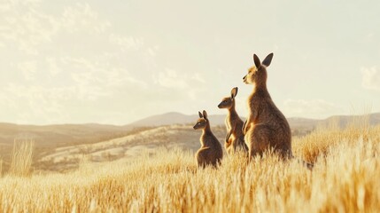 Kangaroo family at sunset, outback plains