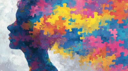 Colorful Mind Puzzle A vibrant abstract artwork depicting a person's head composed of colorful jigsaw puzzle pieces