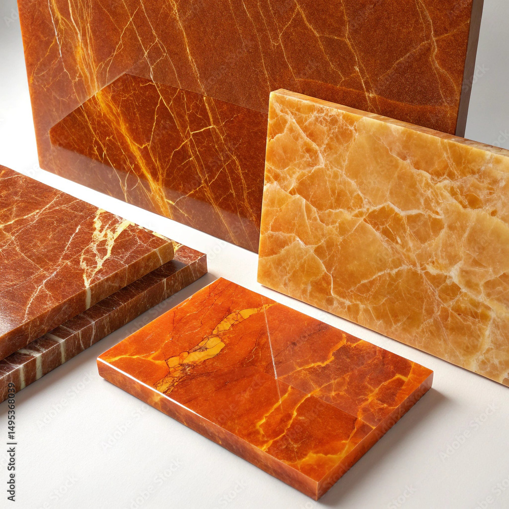 Poster collection of orange onyx slabs with unique veining patterns