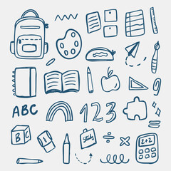 back to school doodle. School supplies hand drawn line drawing. Vector illustration