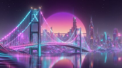 Obraz premium A bridge from the future is set against a sky of geometric shapes and a water reflection of a sunset