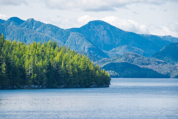 Lush forest meets calm waters beneath towering mountains in a serene landscape