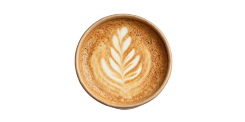 Latte Art Elegance: A top-down view showcases the delicate artistry of latte art in a takeaway cup. A stunning floral pattern dances atop a creamy, warm brew, perfect for coffee lovers.