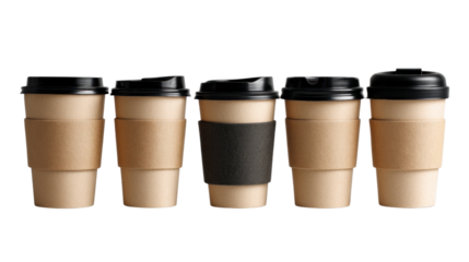 A Lineup of Coffee Delight: Five takeaway coffee cups stand in a row, each adorned with a dark lid and a cardboard sleeve. A celebration of the simple pleasures of everyday life.