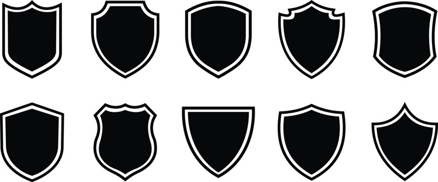 Shield silhouette icon set. Protect shield security icon collection. Shield badge quality symbol isolated on transparent background. Design elements for safety and protection. Vector illustration.