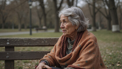 Lonely elderly Hispanic woman sitting on bench in park during autumn  