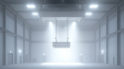 Brightly lit, misty industrial space with a suspended platform