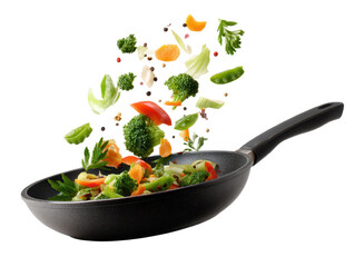 Colorful vegetables being tossed in a black frying pan.