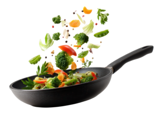 Colorful vegetables being tossed in a black frying pan.