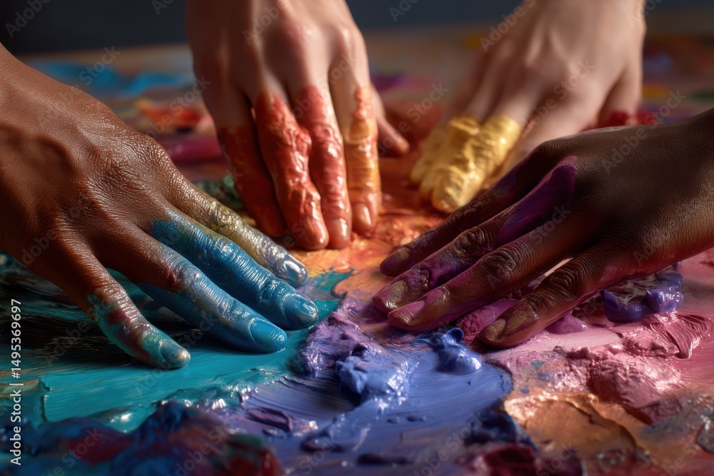 Poster diverse hands covered in bright paint, forming a circle of unity and creative expression for team bu