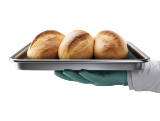 Three golden brown bread rolls sit on a baking tray held by a gloved hand.