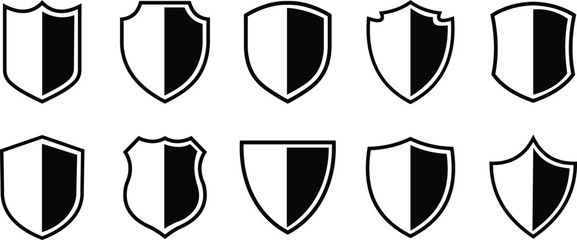 Shield silhouette icon set. Protect shield security icon collection. Shield badge quality symbol isolated on transparent background. Design elements for safety and protection. Vector illustration.