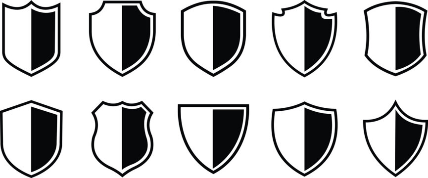 Shield silhouette icon set. Protect shield security icon collection. Shield badge quality symbol isolated on transparent background. Design elements for safety and protection. Vector illustration.