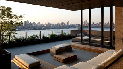Fototapeta premium A modern terrace overlooking a cityscape and river, a serene urban oasis with luxurious comforts.