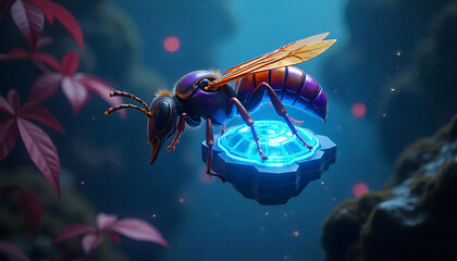 A majestic cyberpunk-inspired hornet with iridescent golden, violet, and neon blue exoskeleton, hovering over a futuristic hive. The hive is suspended in mid-air, shaped like a glowing fractal dome ma