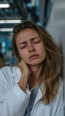 Fototapeta premium Exhausted in Lab: A weary scientist rests her head against the cold laboratory wall, closed eyes and a pensive expression revealing the strain of scientific pursuit.