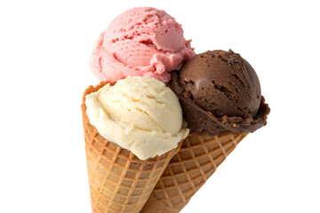 Ice Cream Cone with Three Scoops Isolated on Transparent Background