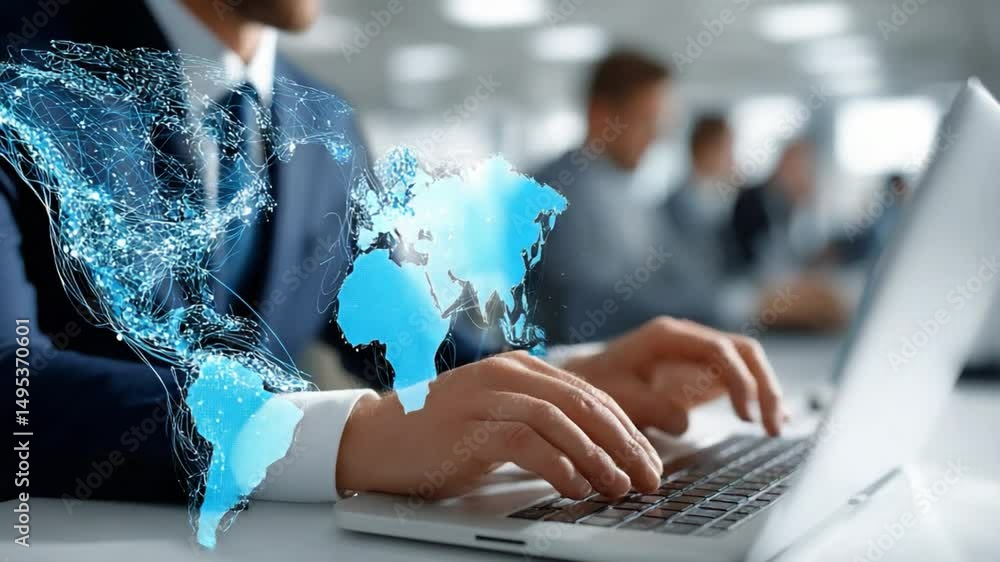 Aufkleber global data networking: a business person's hands are skillfully navigating a laptop, overlaid with 