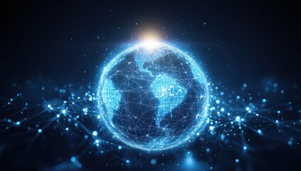 Global network connection, digital data flows, dark background, futuristic technology concept