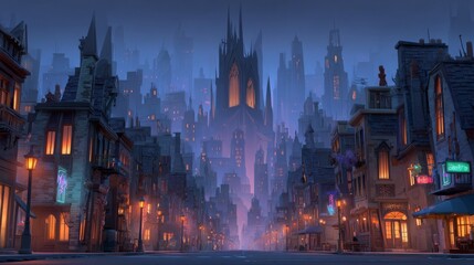 Fototapeta premium A moody and cinematic cityscape shrouded in dense fog, with dramatic lighting and deep shadows, evokes a sense of mystery and suspense amidst towering skyscrapers and dimly lit alleyways