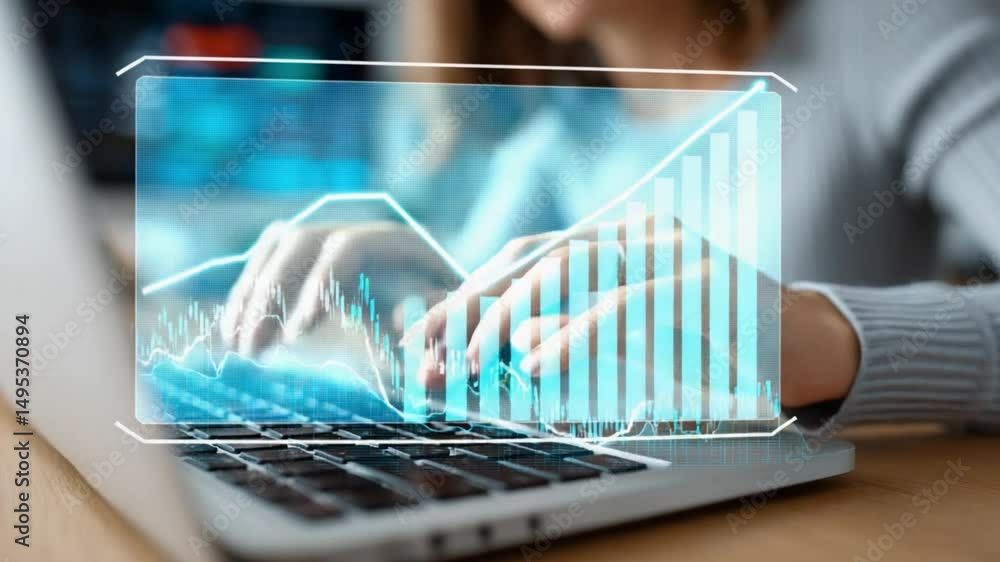 Poster data analyst at work: a close-up shot of a data analyst diligently working on a laptop. the screen d