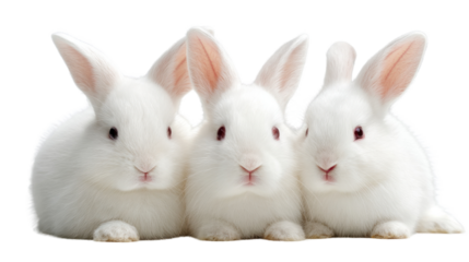 Bunny Trio: A charming trio of pristine white rabbits, with soft fur and expressive eyes, huddled together in a close-up, perfect for capturing cuteness and innocence.