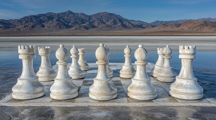 Giant chess set on a salt flat, mountains in background