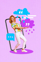 Creative design composite trend artwork collage of summertime style relax young. woman walk huge smartphone hold speech cloud app chat