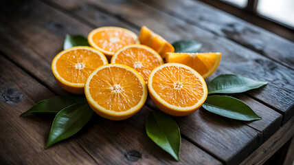 Freshly Cut Oranges on Rustic Wooden Surface with Natural Lighting and Texture.