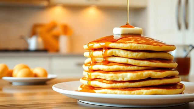Delicious stack of fluffy pancakes topped with melting butter & drizzled with golden syrup, cozy breakfast meal in bright kitchen