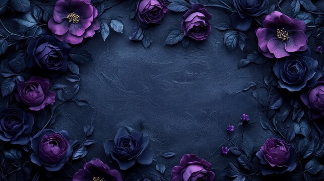 Dark blue background with purple floral arrangement, frame. Use for invitations, cards, or elegant design.