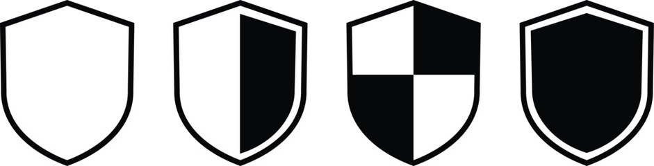Shield silhouette icon set. Protect shield security icon collection. Shield badge quality symbol isolated on transparent background. Design elements for safety and protection. Vector illustration.