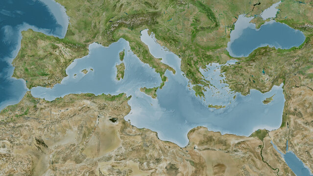 Mediterranean Sea highlighted. Satellite map