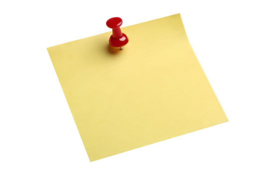 Yellow Sticky Post It Note with Red Pushpin Isolated on Transparent Background