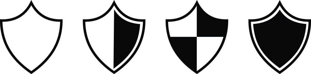Shield silhouette icon set. Protect shield security icon collection. Shield badge quality symbol isolated on transparent background. Design elements for safety and protection. Vector illustration.