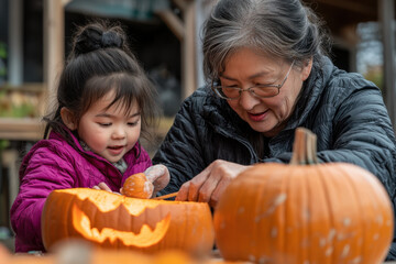 Fototapeta premium Woman and girl joyfully carving pumpkins together, surrounded by colorful decorations and autumn leaves, preparing for Halloween.
