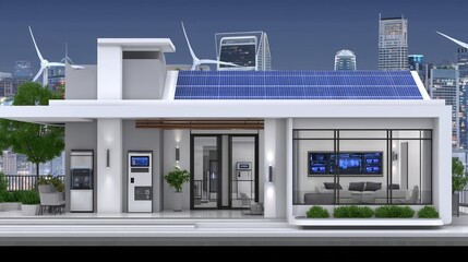 Fototapeta premium A state-of-the-art facility for producing Green Hydrogen through electrolysis, driven by sustainable power from wind and solar energy
