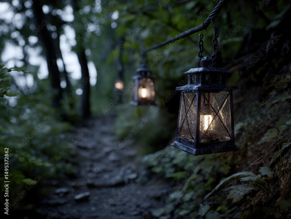 Poster Glowing Lanterns Hanging Over Forest Path at Twilight, Symbolizing Guidance and Journey Into the Unknown : Generative AI