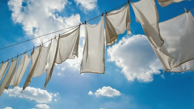 White laundry hanging on a clothesline against blue sky. 

