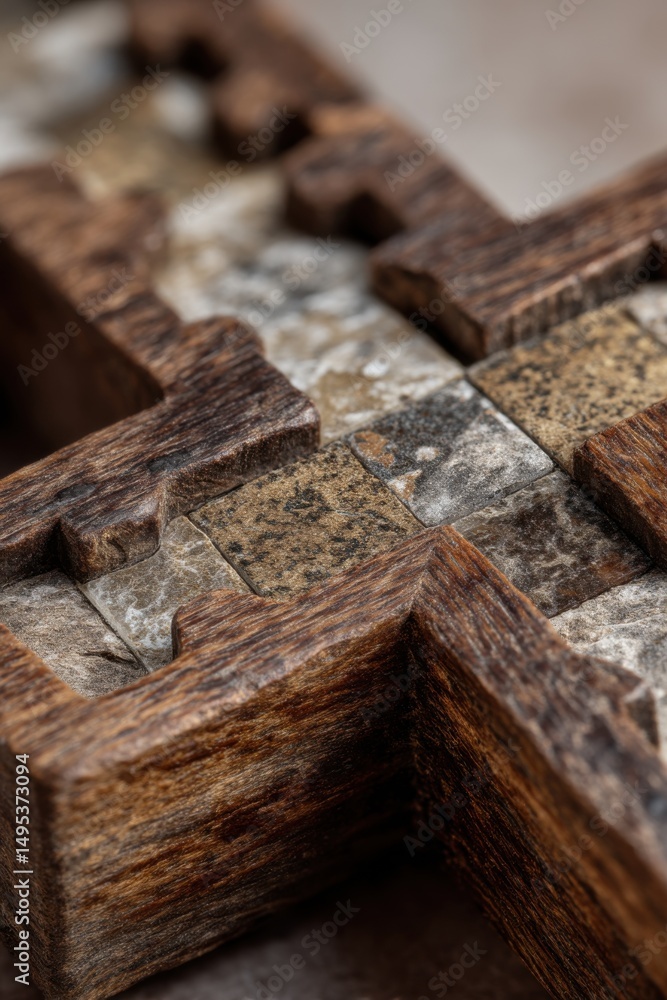 Poster wooden puzzle pieces interlocking on stone surface, symbolizing problem solving and strategic partne