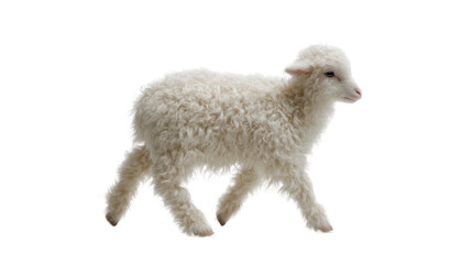 Fototapeta premium Walking Lamb: A fluffy lamb walks with its small legs across the grass, symbolizing innocence and the beauty of new life. Capturing the pure, tender, and hopeful scene.