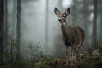 Young Deer Standing Alert in Misty Forest, Inspiring Conservation and Wildlife Preservation Efforts : Generative AI