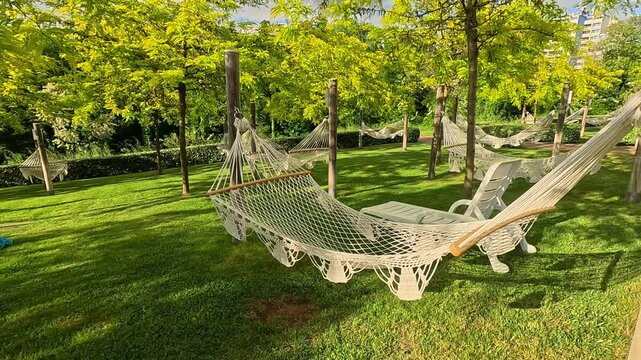 Green area with empty hammocks swaying in the wind, copious space for text, concept of rest, relaxation, tranquility, serenity