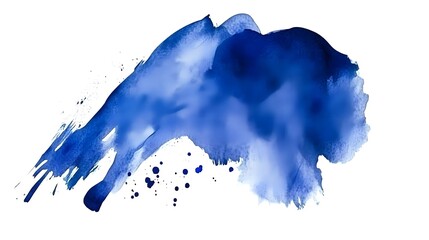 Vibrant blue watercolor paint splatter with an irregular shape and texture. Small, scattered spots of color are interspersed throughout the main splatter mark.