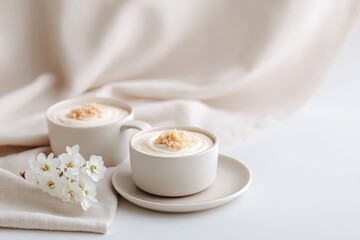 Creamy dessert served in elegant white cups, garnished with crushed nuts, placed on a soft beige fabric backdrop, accompanied by delicate white flowers, creating a serene and inviting atmosphere 