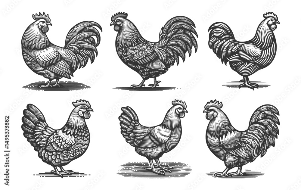 Poster rooster set collection bundle sketch engraving generative ai vector illustration. scratch board imit