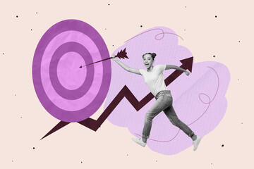 Creative full art zine collage of happy business girl guy run target determination aim achievement...